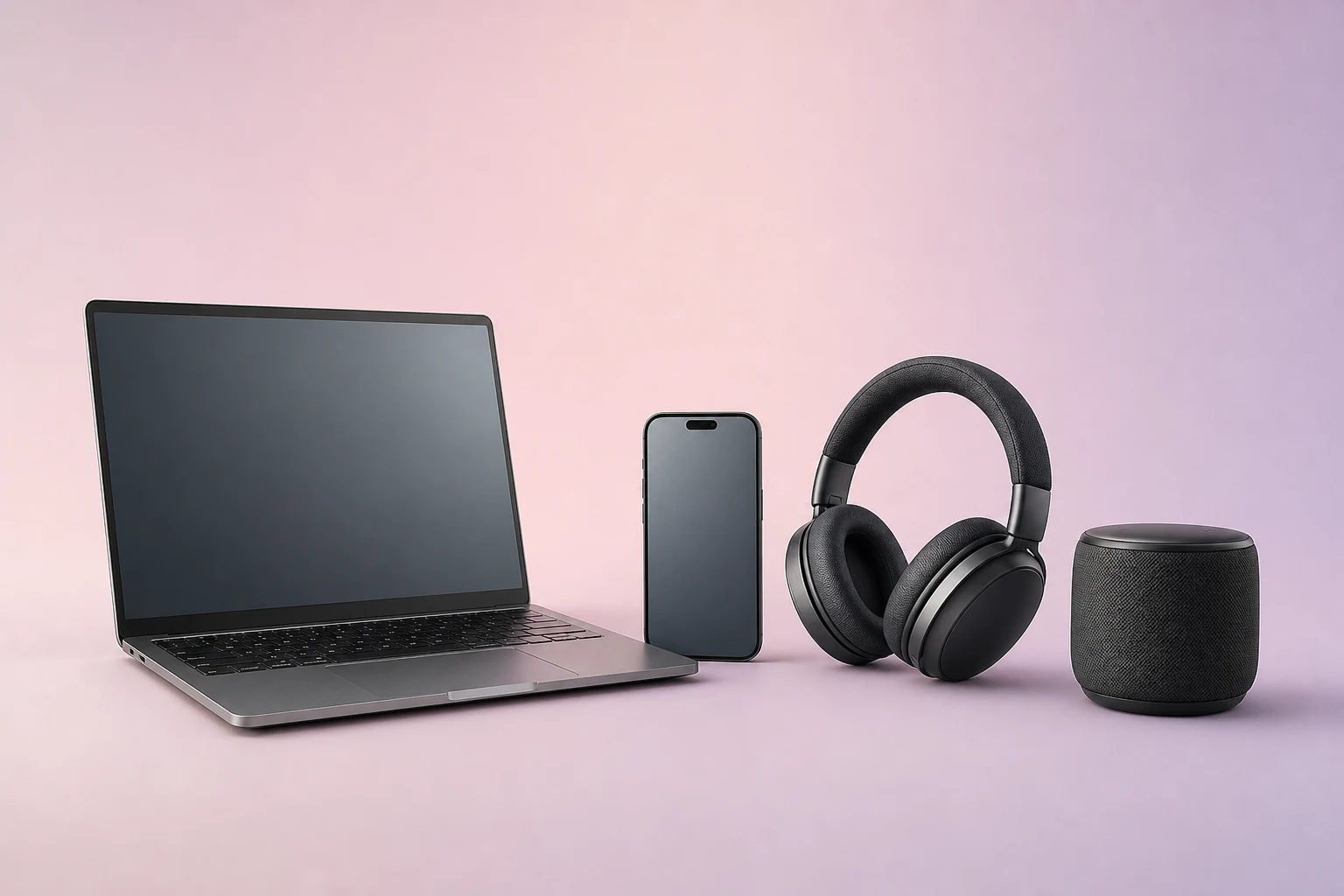 Catalogusset met laptop, smartphone, hoofdtelefoon en speaker
