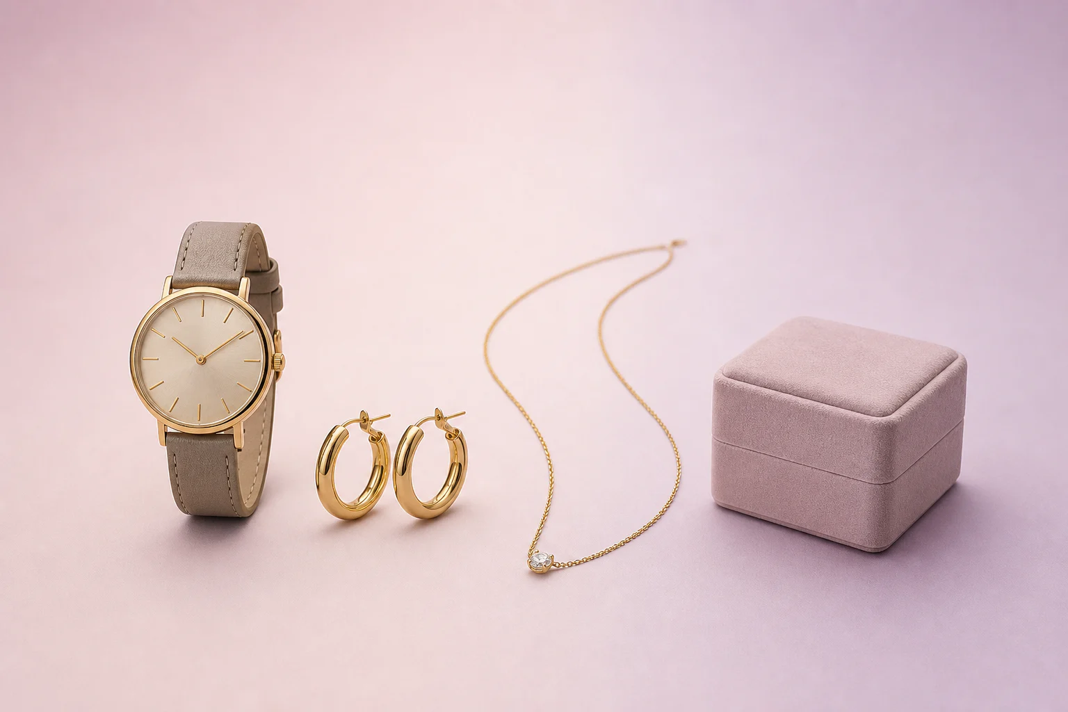 Catalogusset met horloge, oorbellen, ketting en sieradendoosje