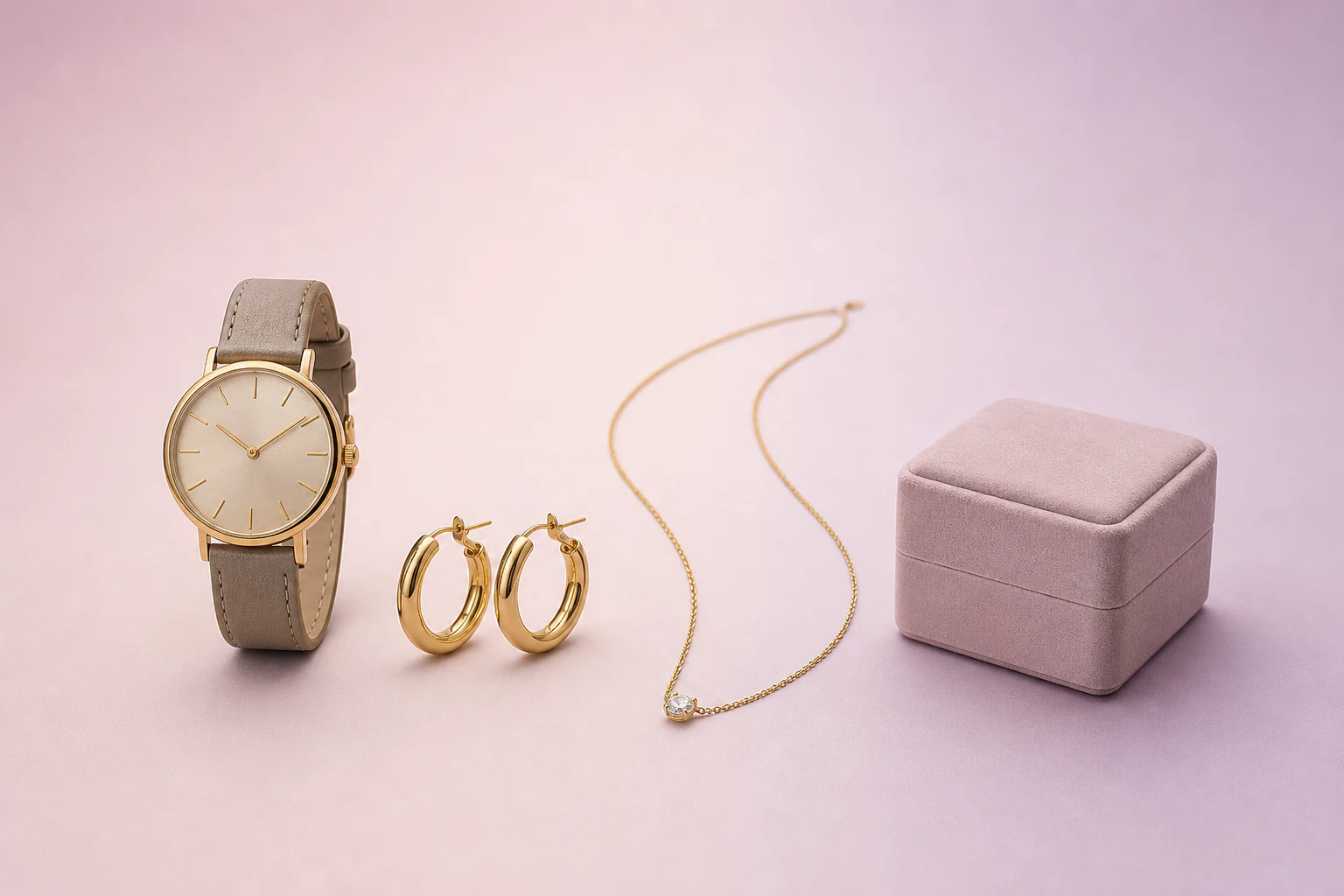 Catalogusset met horloge, oorbellen, ketting en sieradendoosje