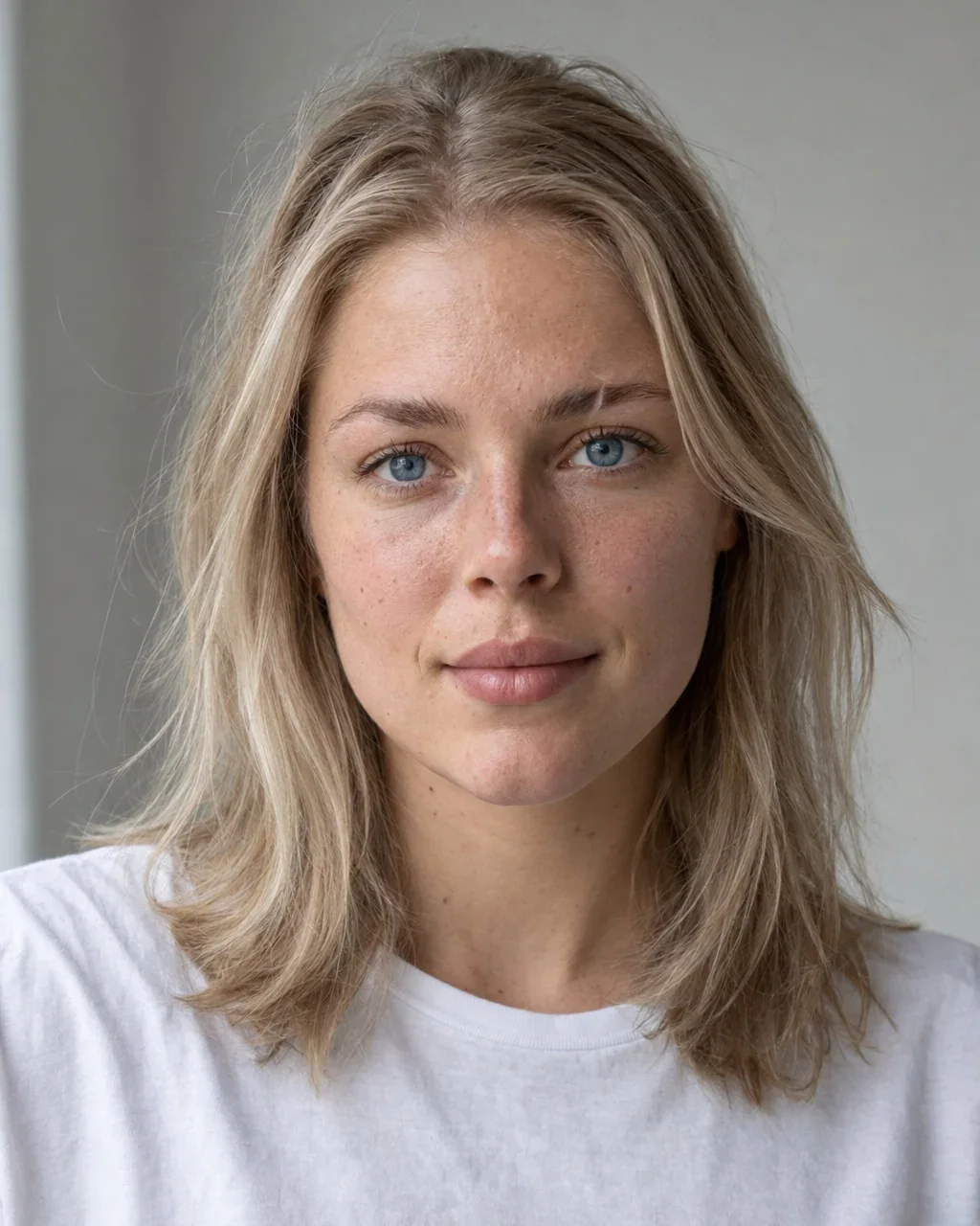 AI-model Isa: vrouw van 25 met blauwe ogen en een klein litteken door haar wenkbrauw