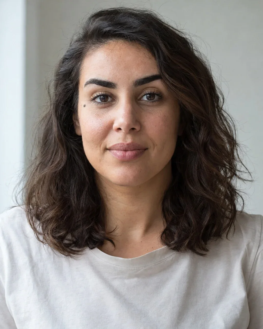 AI-model Noor: vrouw van rond de 28 met donker golvend haar