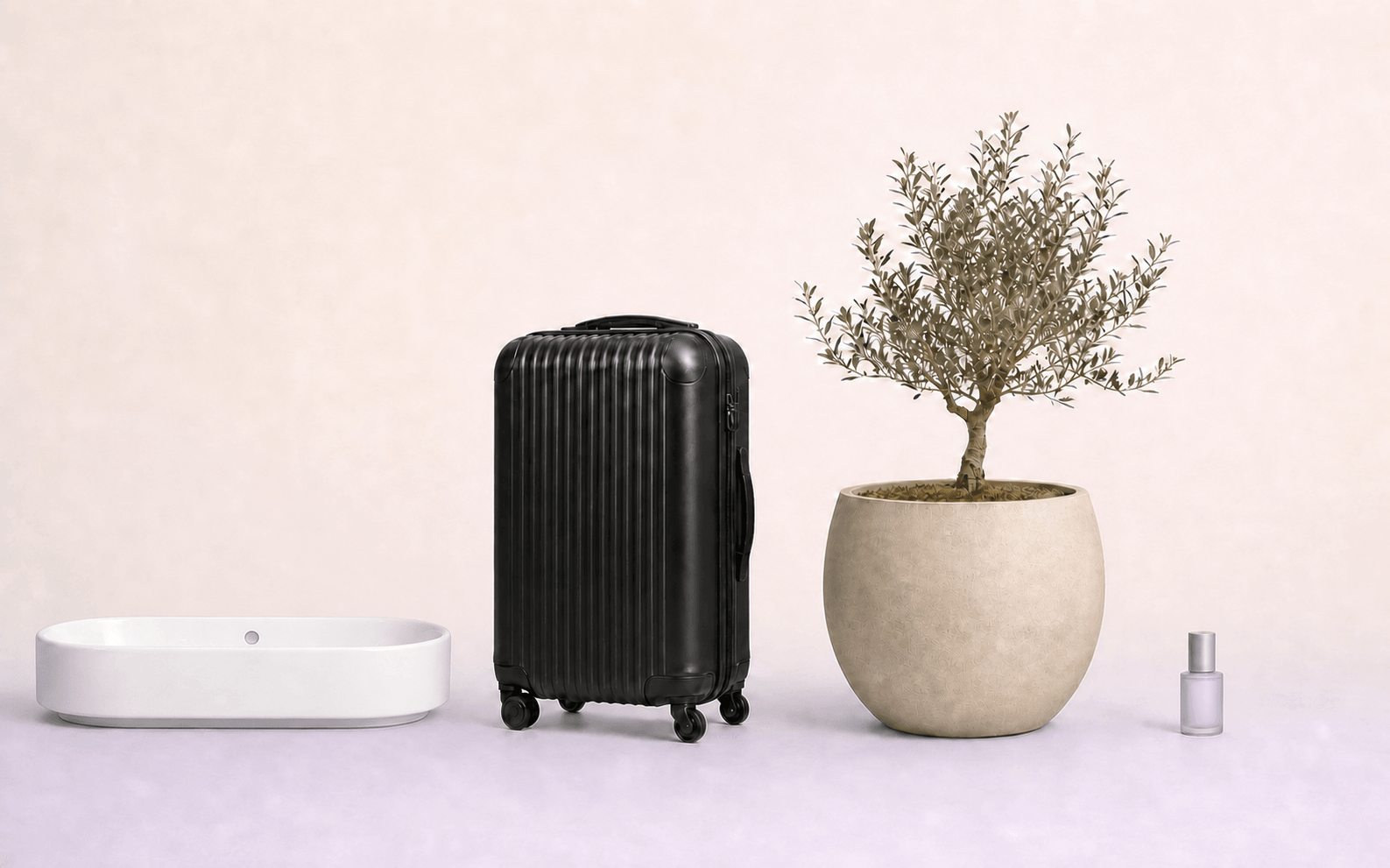 Waskom, koffer, plantenpot en parfumflacon op herkenbare onderlinge schaal