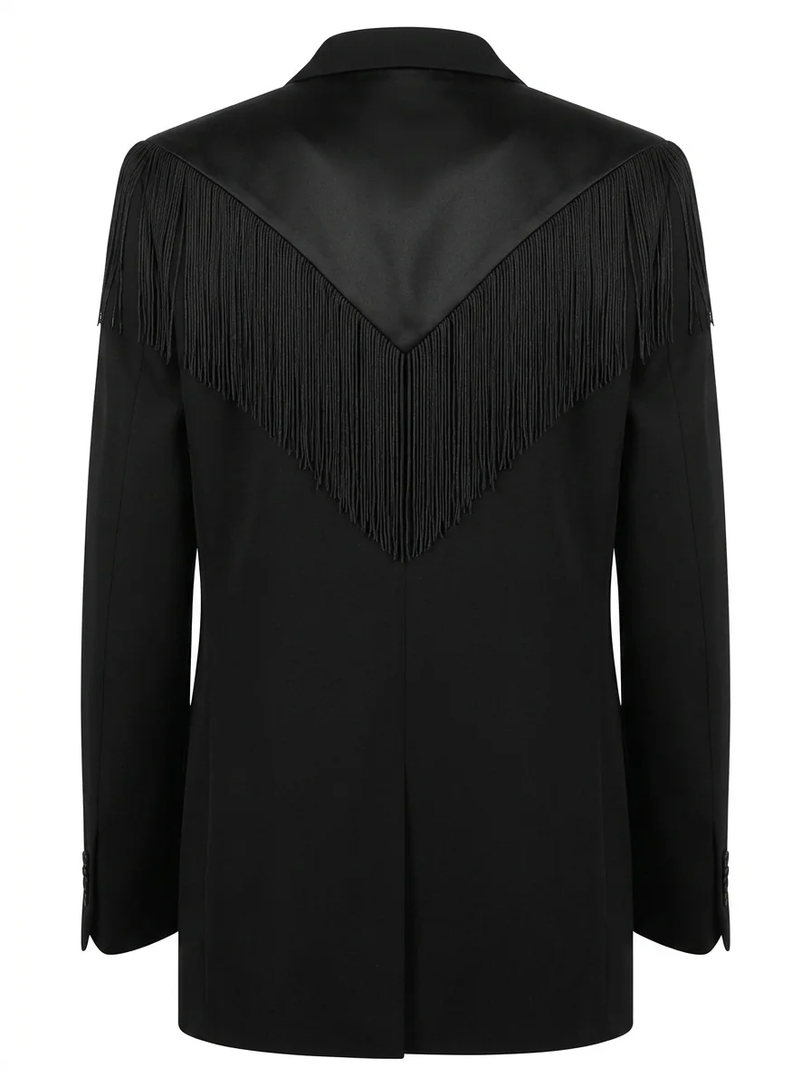 Zwarte blazer met franjes op de rug als ghost-packshot, achterkant
