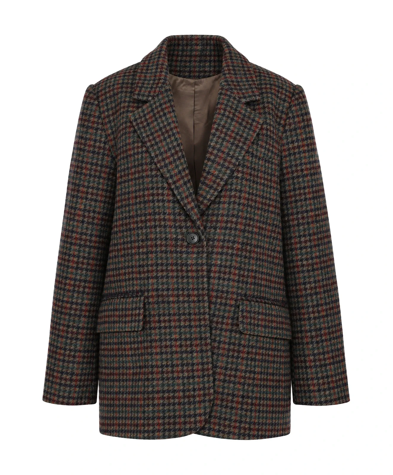 Geruite blazer als ghost-packshot met zichtbare voering, gemaakt van een mannequinfoto