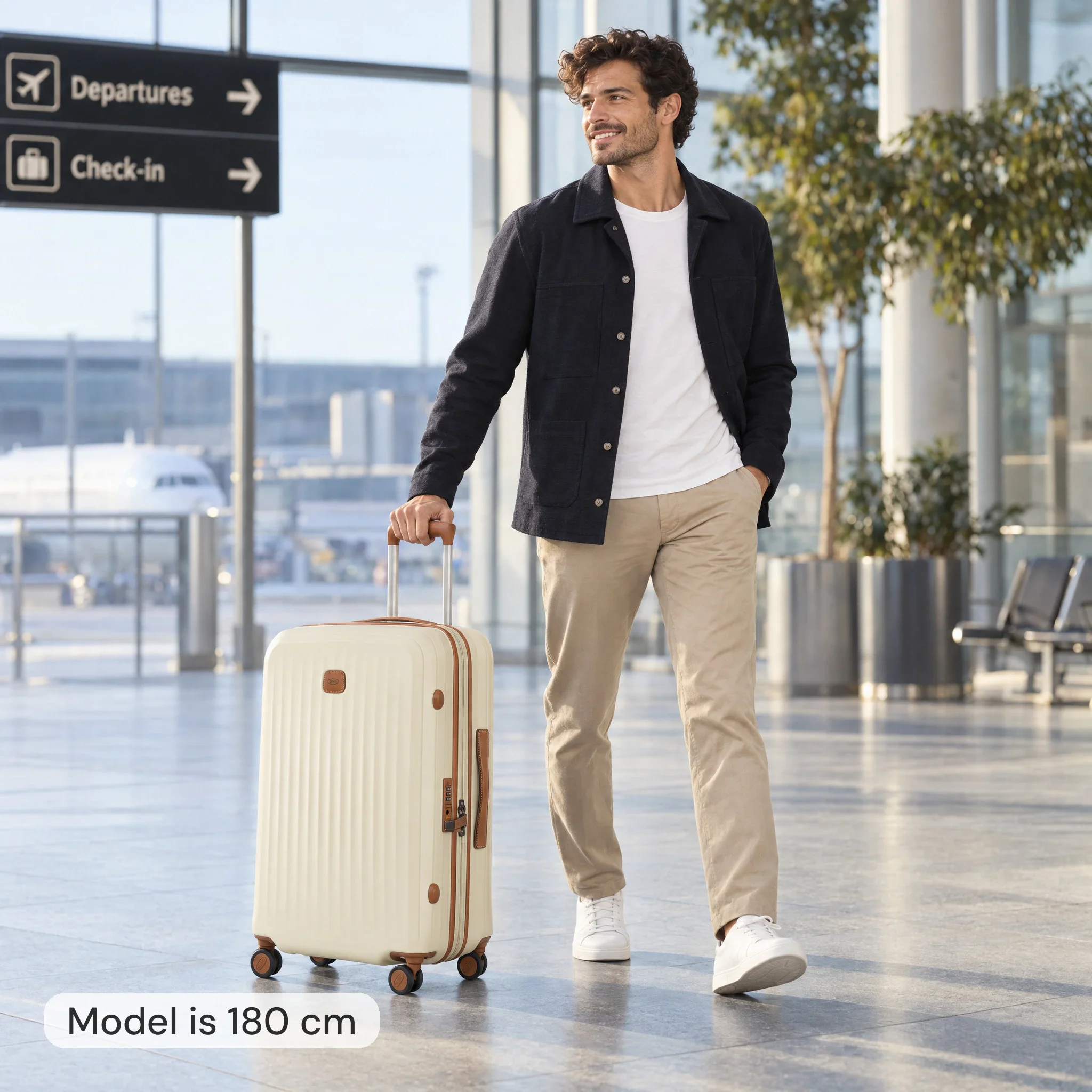 AI-modelbeeld: man van 180 cm met een ecru Bric's-koffer van 69 cm hoog