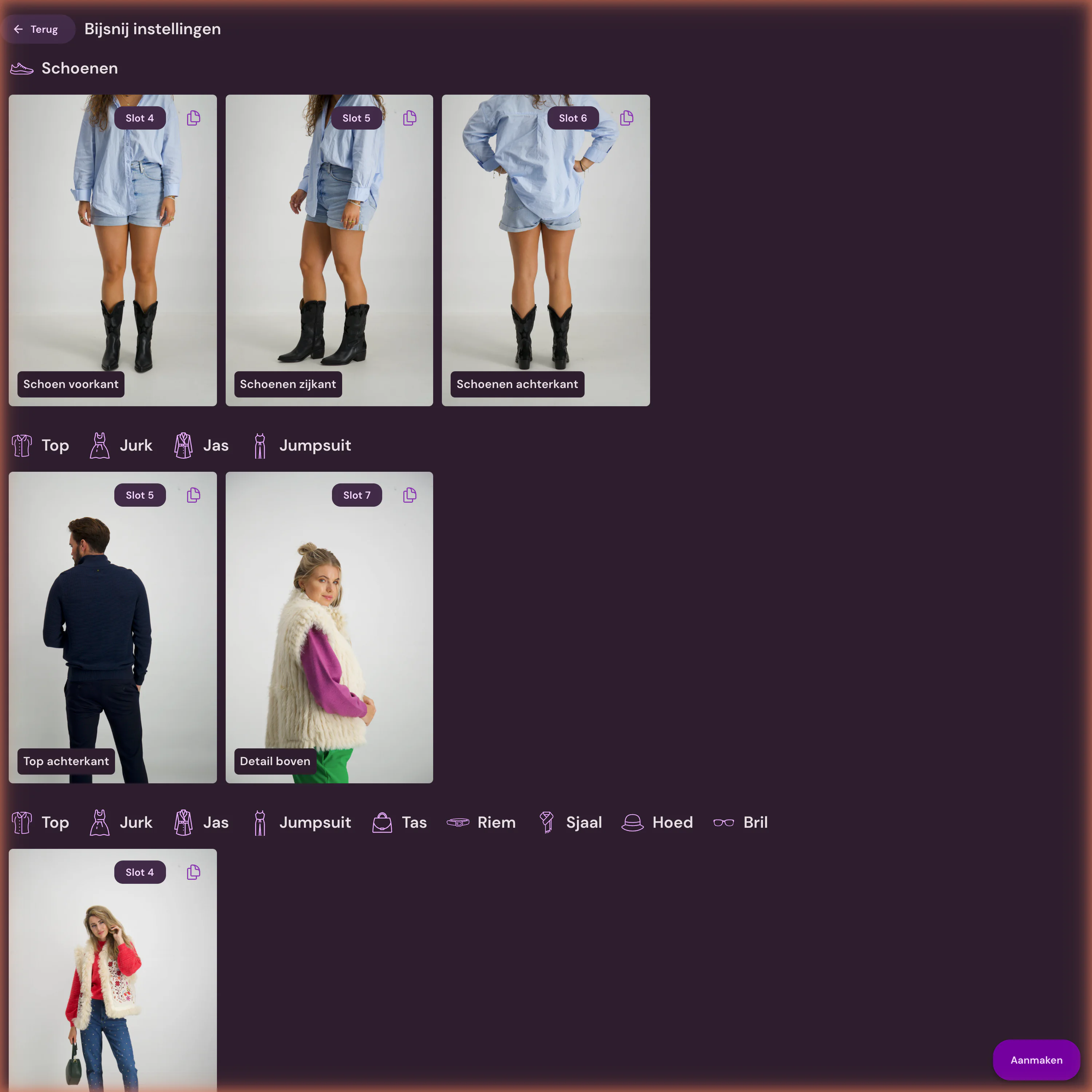 Bijsnij-instellingen per artikelgroep met vaste slots voor schoenen voorkant, zijkant en achterkant