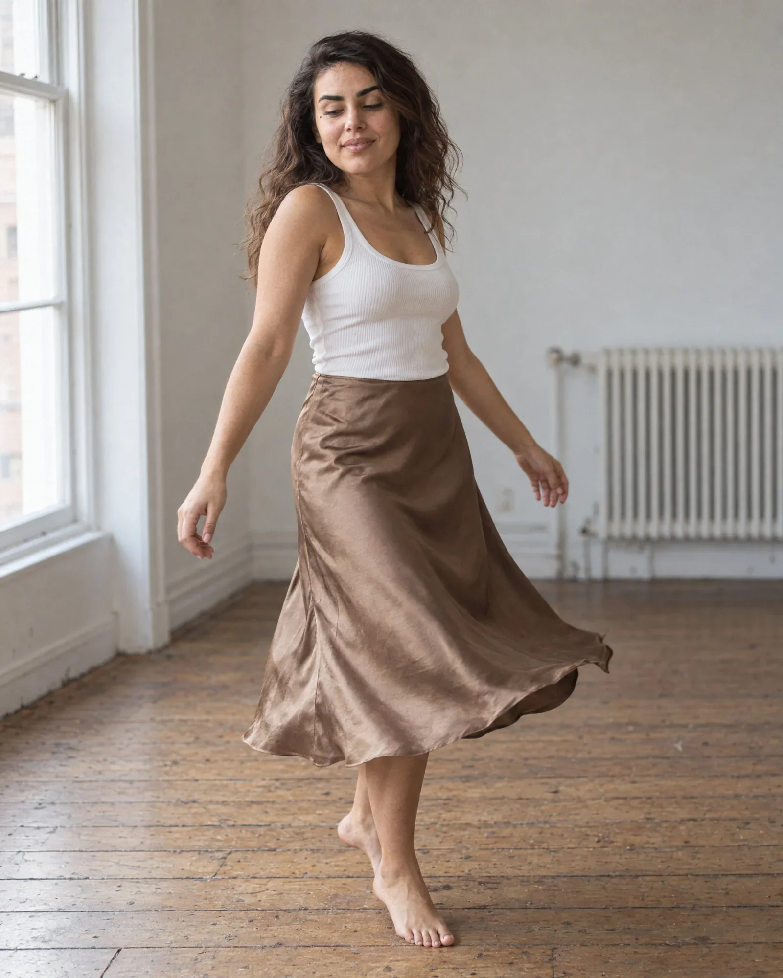 Noor danst op blote voeten in een zonnig leeg appartement, haar satijnen rok wervelt