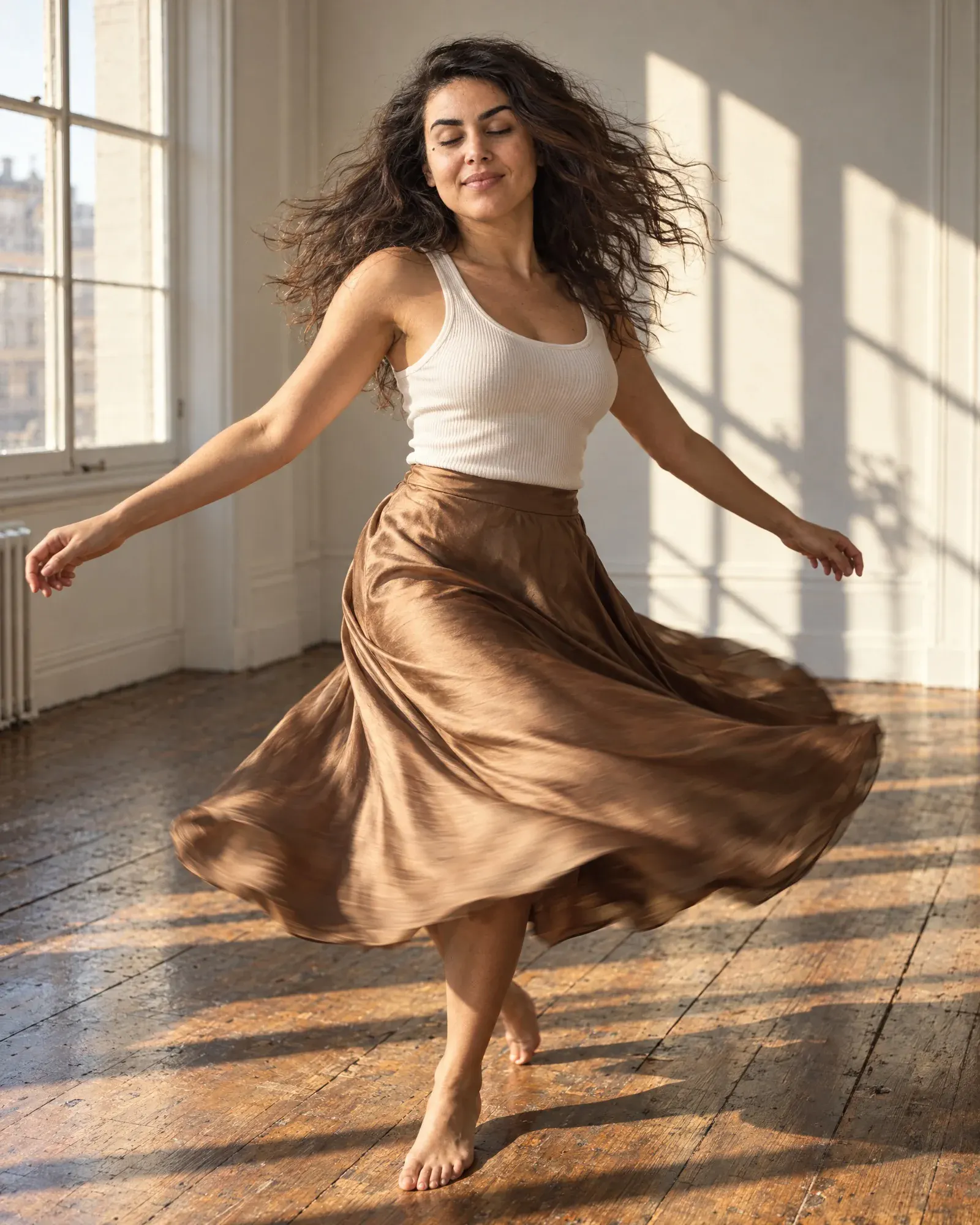Noor danst op blote voeten in een zonnig leeg appartement, haar satijnen rok wervelt