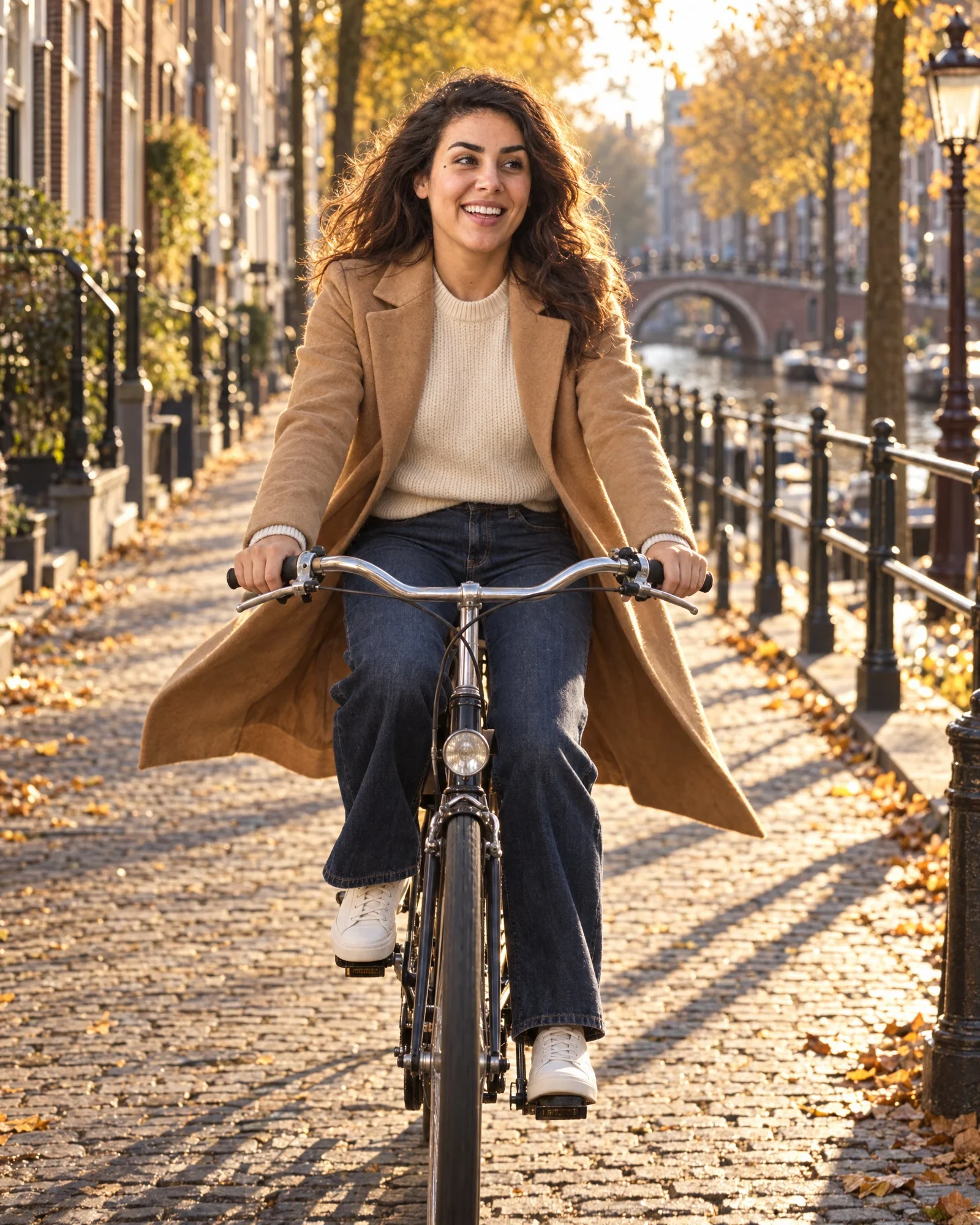 AI-campagnebeeld: een vrouw in dezelfde camel jas fietst langs een Amsterdamse gracht