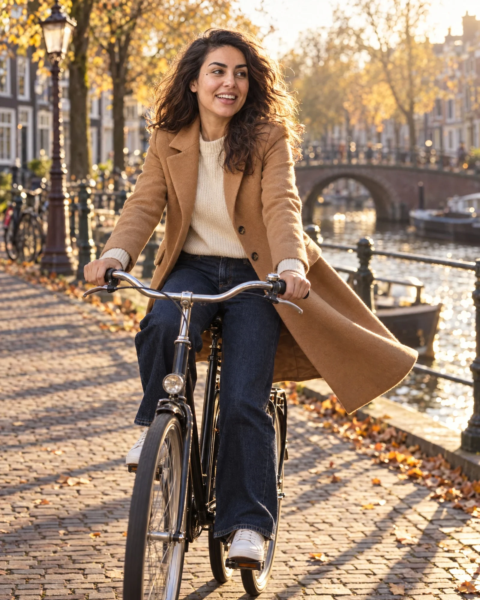 AI-campagnebeeld: een vrouw in dezelfde camel jas fietst langs een Amsterdamse gracht