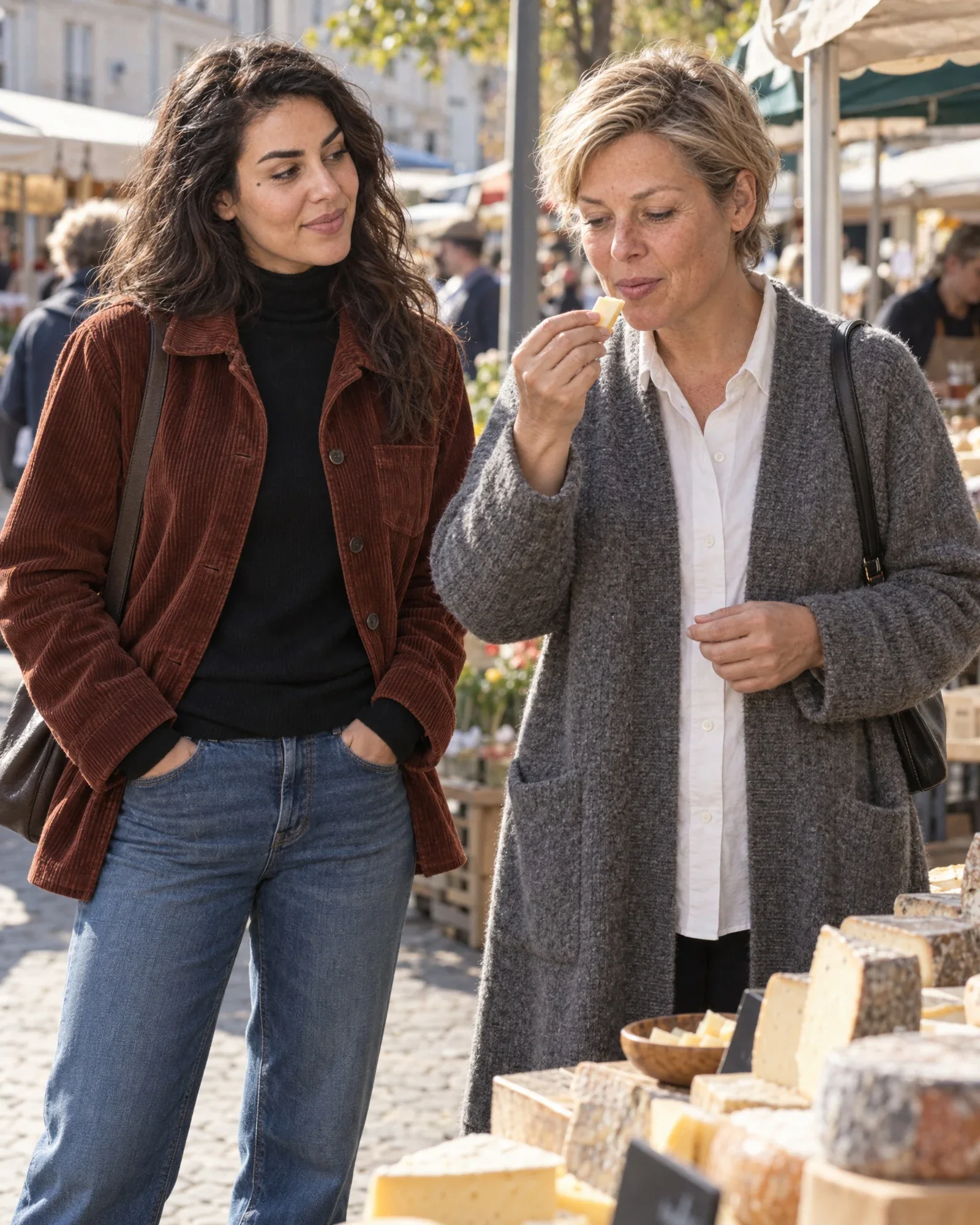 Femke proeft kaas op de markt, Noor kijkt mee