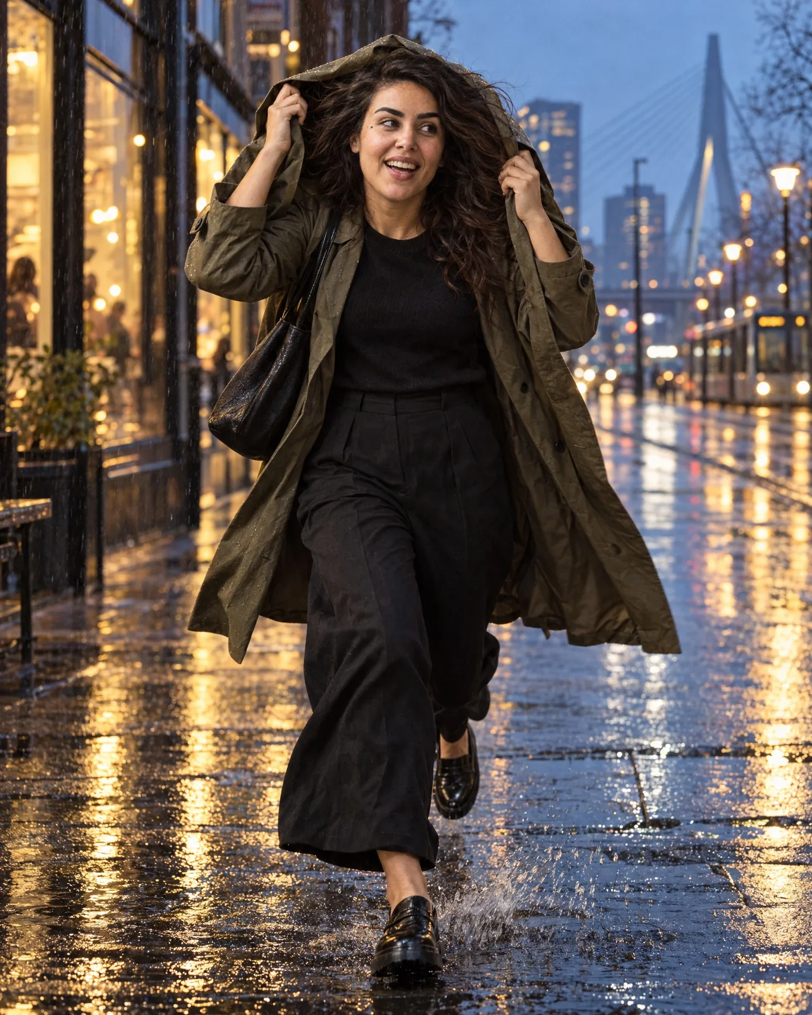 Noor rent door de regen in Rotterdam met een trenchcoat boven haar hoofd