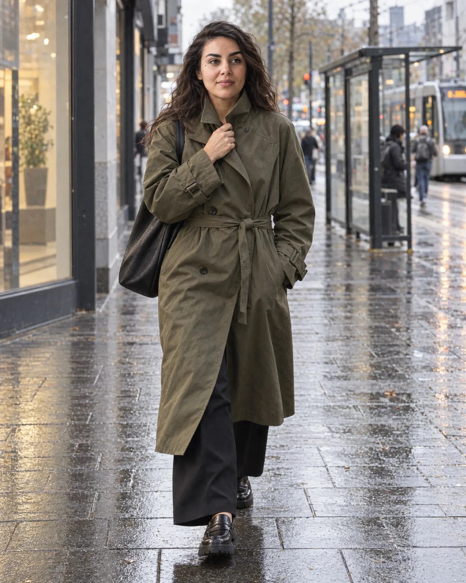Noor loopt in een trenchcoat door een natte straat in Rotterdam