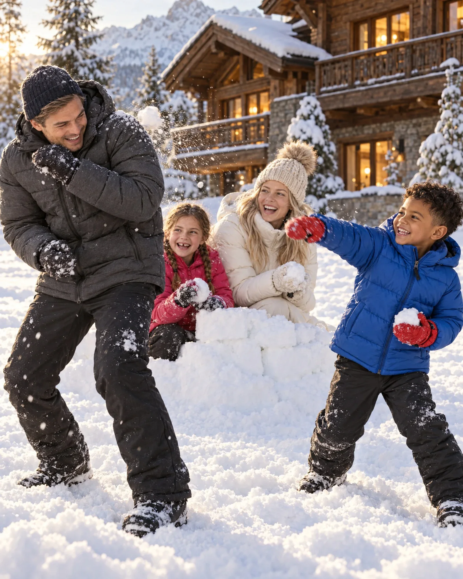 Thijs, Isa, Lieke en Sem in een sneeuwballengevecht voor een chalet
