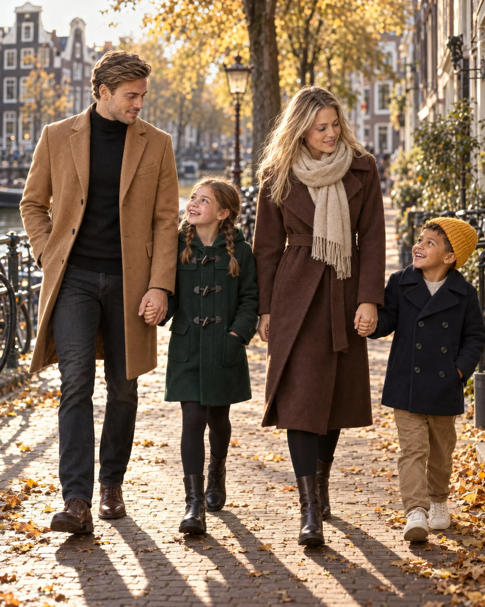 Groep modellen in herfstjassen bij een Amsterdamse gracht, AI-modelbeeld bij artikelen