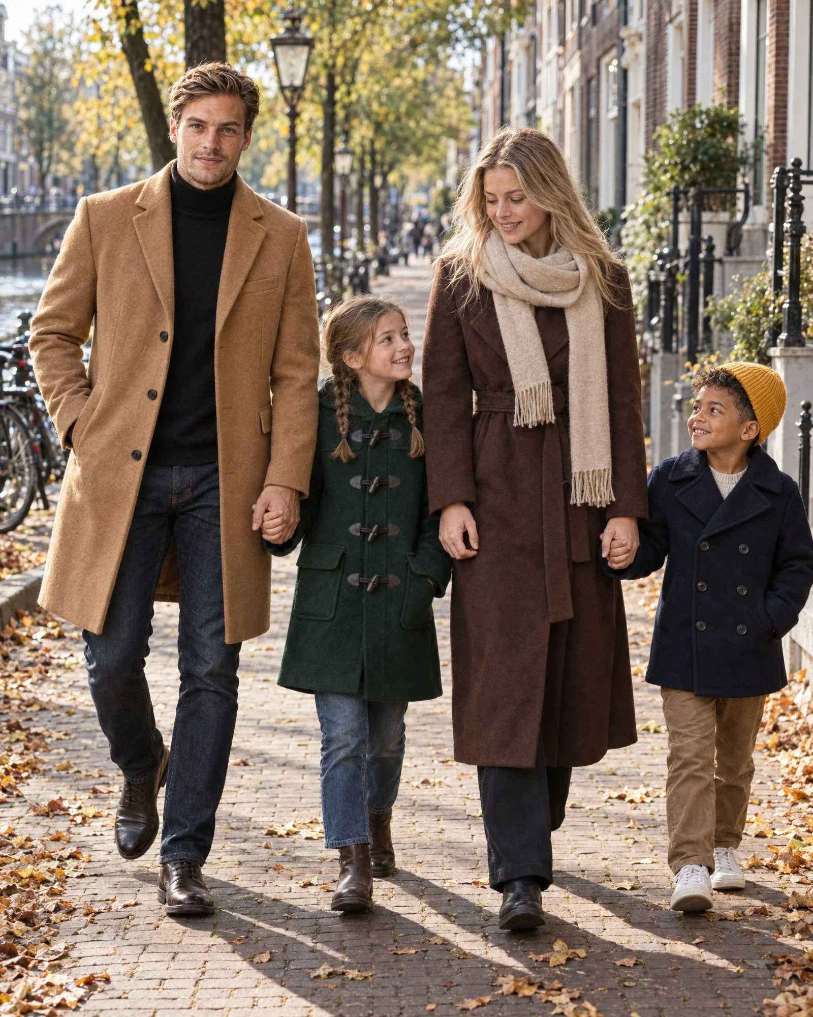 Thijs en Isa wandelen met Lieke en Sem aan de hand langs een Amsterdamse gracht in de herfst
