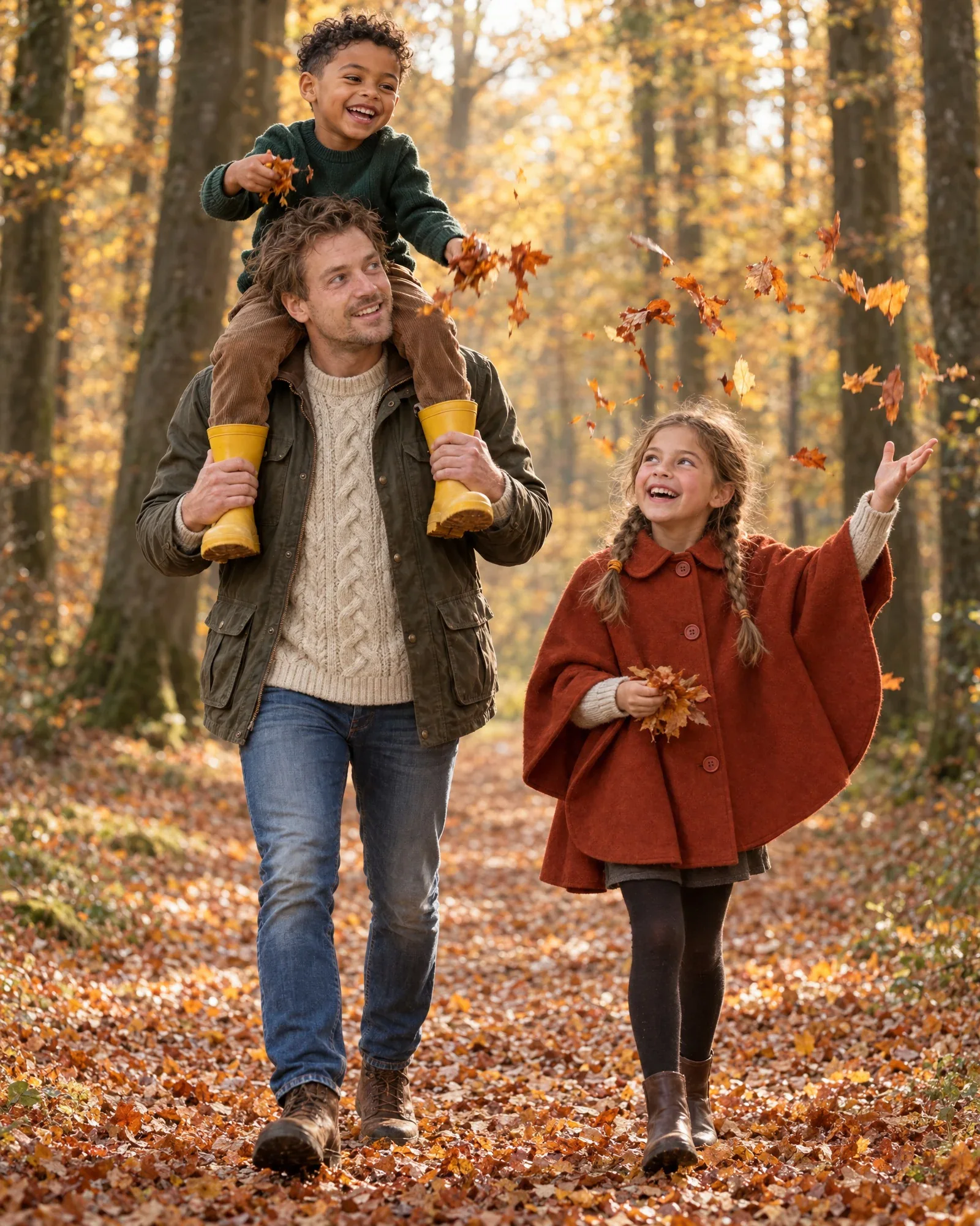 Daan met Sem op zijn schouders en Lieke die bladeren gooit, in een herfstbos op de Veluwe