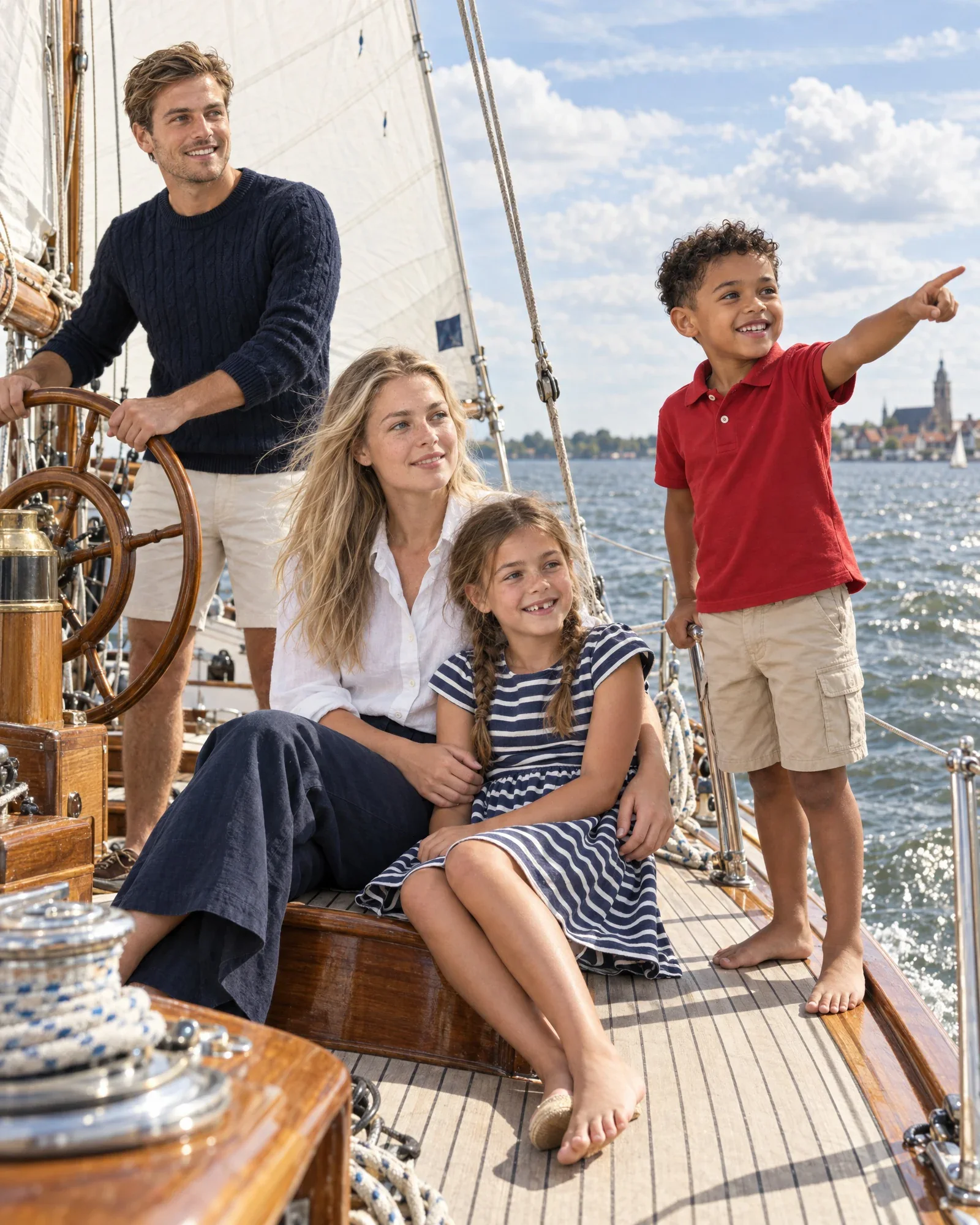 Thijs, Isa, Lieke en Sem op het dek van een houten zeilboot op het IJsselmeer