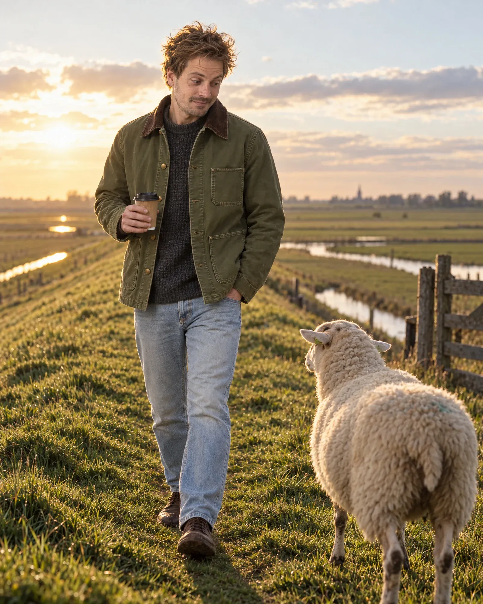 Daan op een dijk met een schaap op het pad
