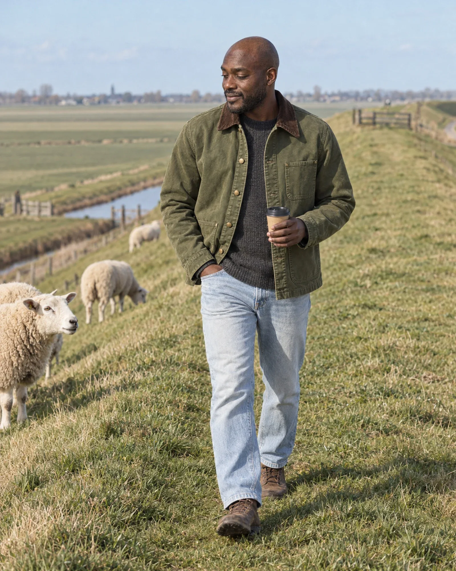 Jesse in een olijfgroen werkjack op een dijk tussen de schapen