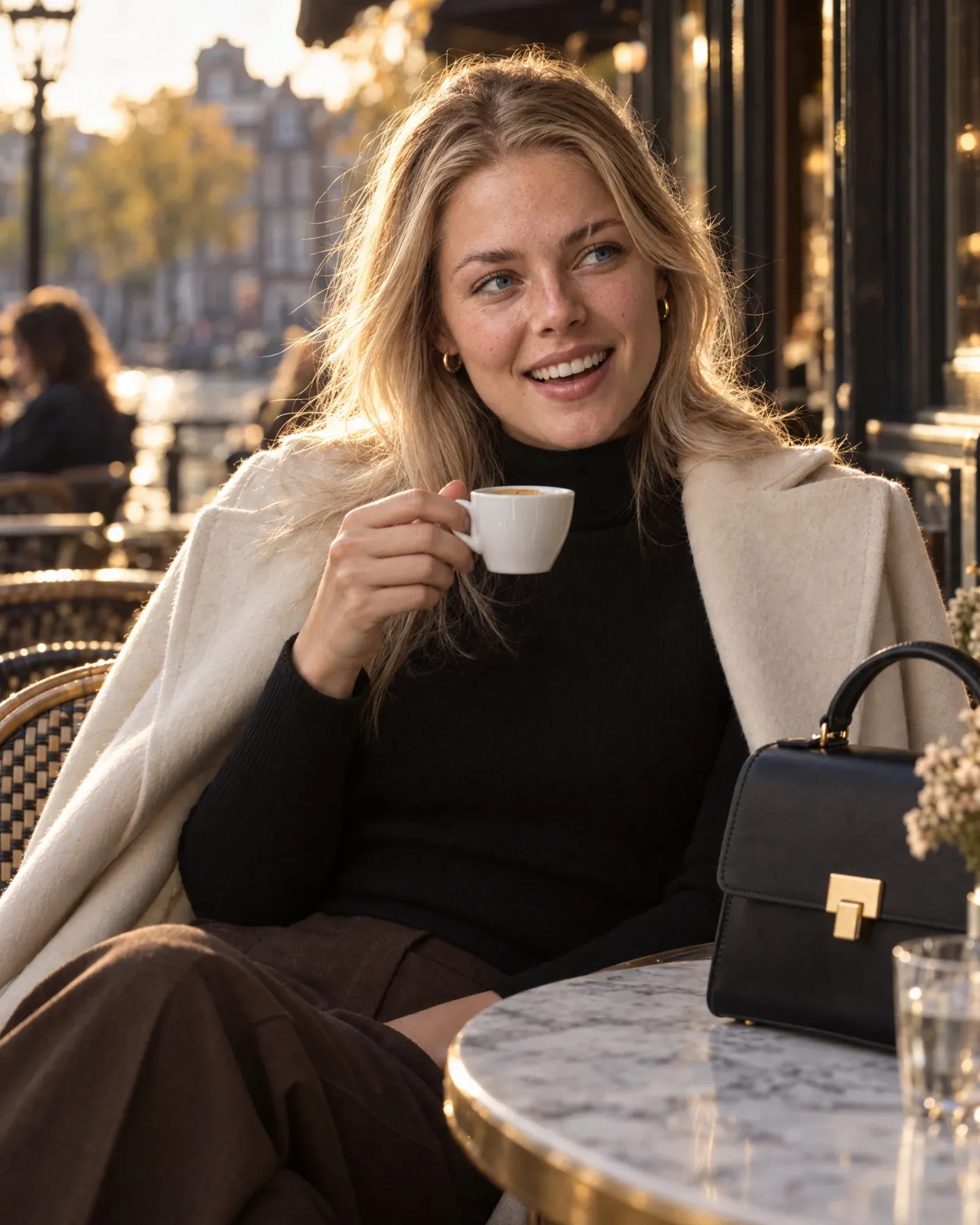 Isa met een espresso op het terras van een grand café