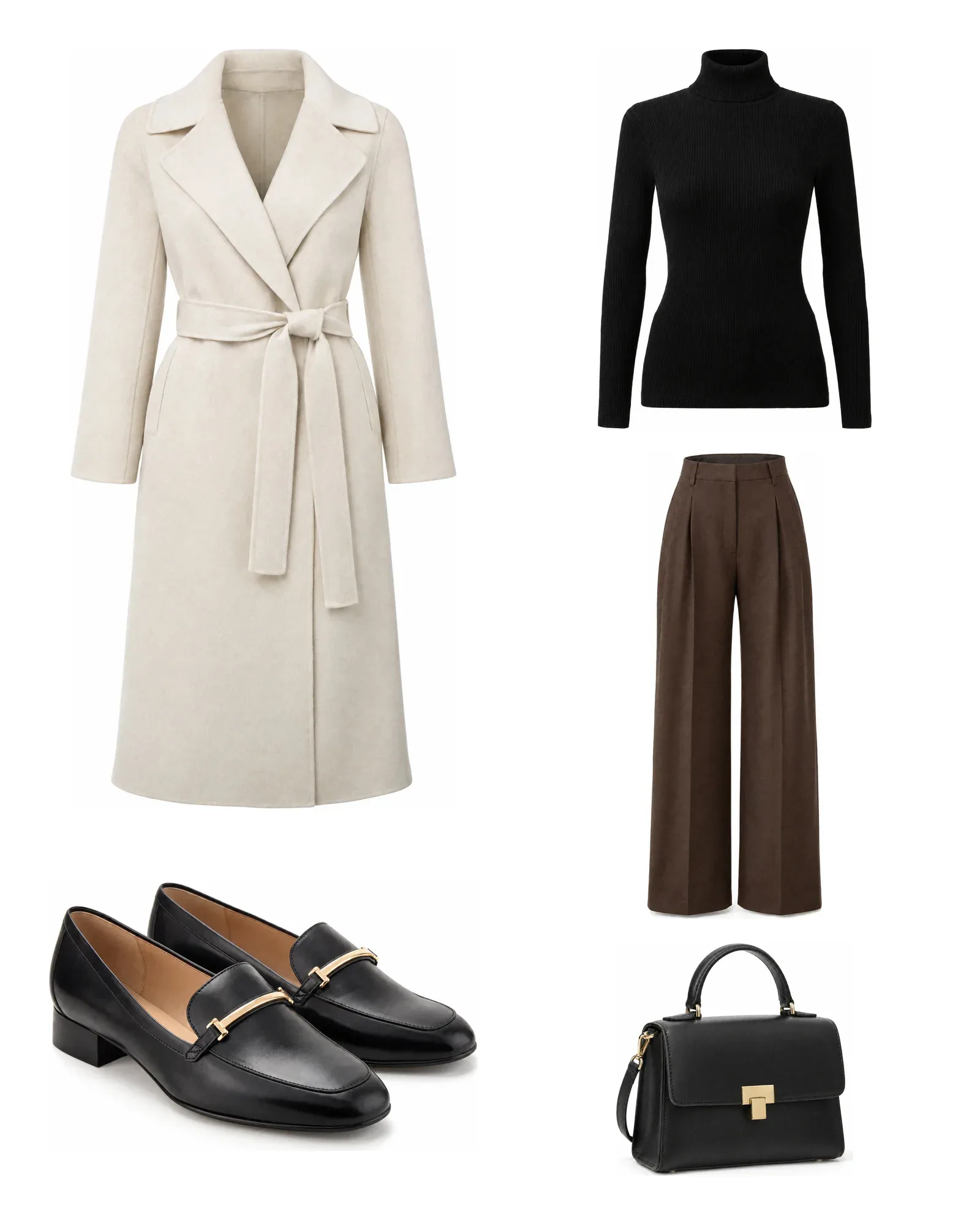 Vijf packshots van één look: wikkeljas, col, pantalon, loafers en handtas