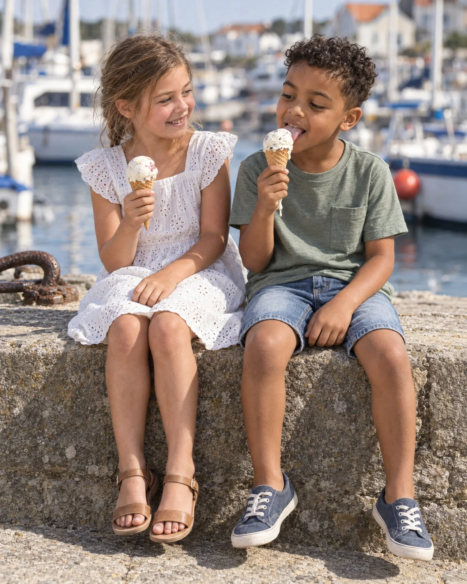 Lieke en Sem eten een ijsje op een havenmuur
