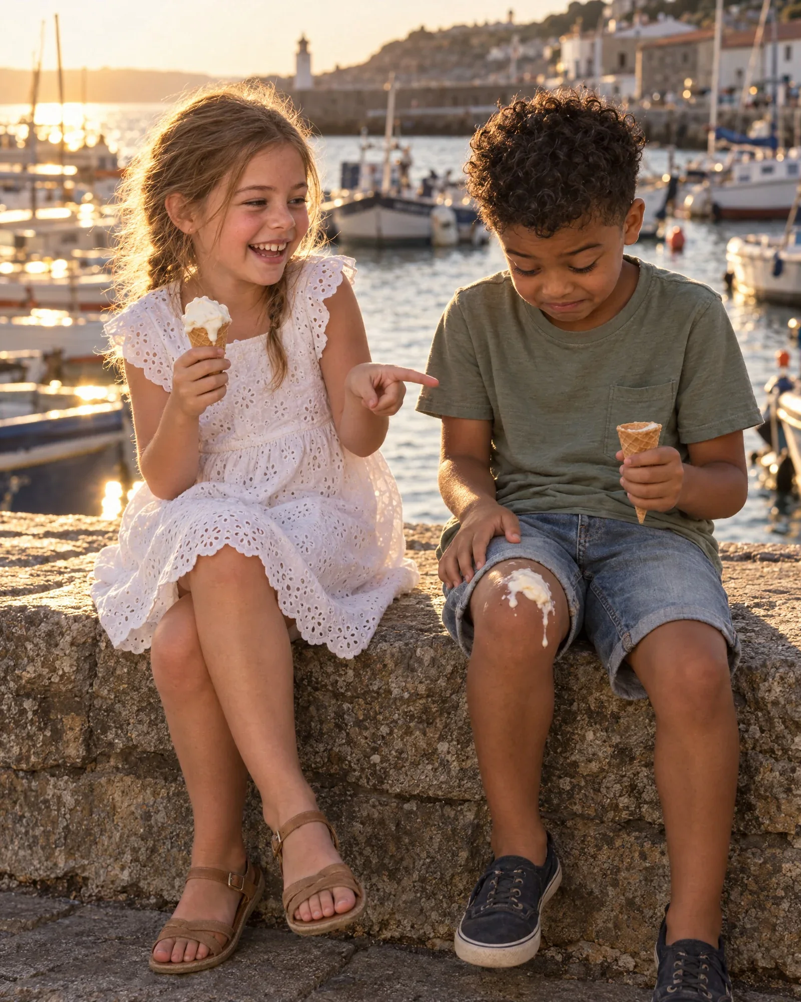 Lieke en Sem met een ijsje op een havenmuur; Sems bolletje valt net op zijn knie