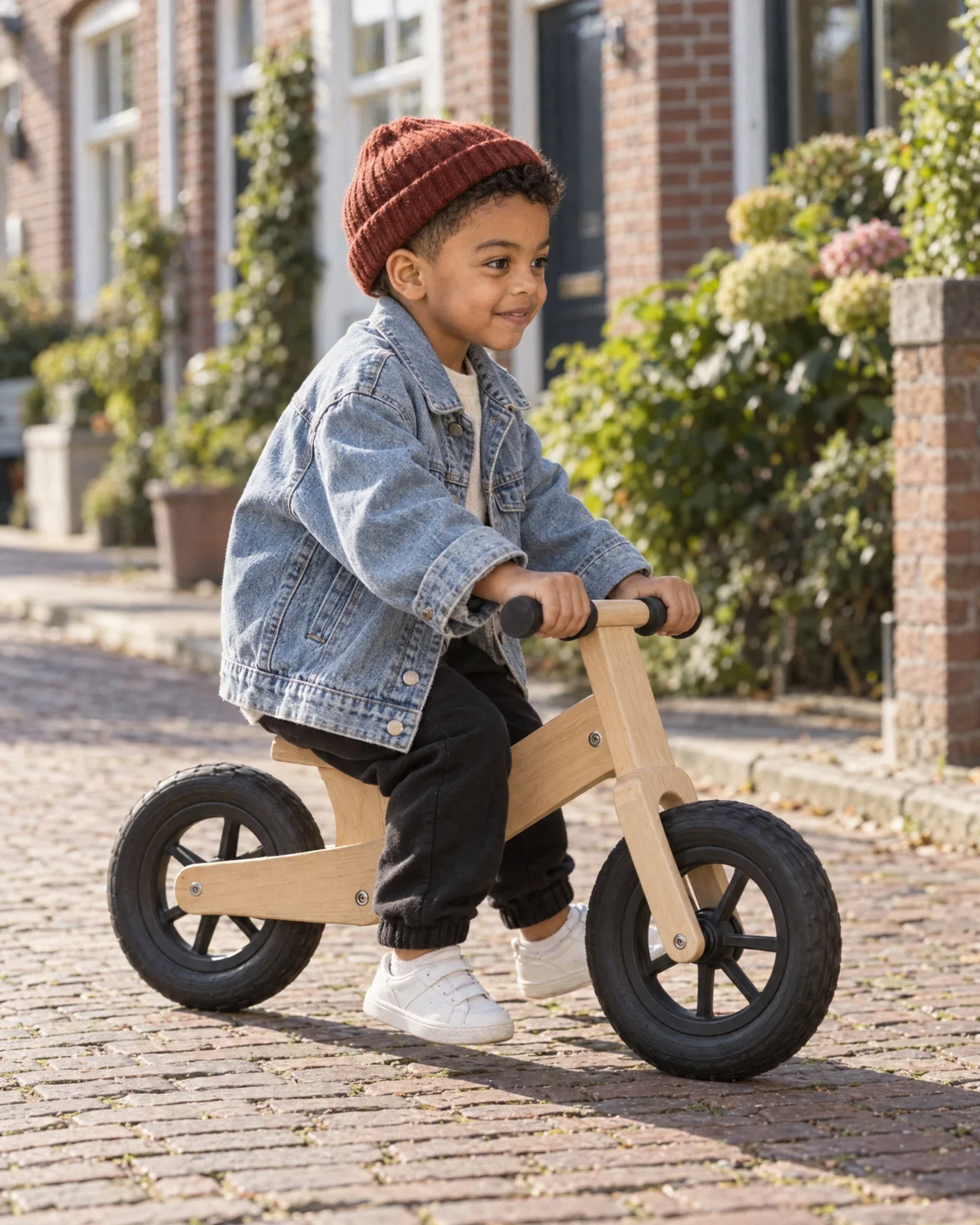 Sem racet op een houten loopfiets door een dorpsstraat, tong uit zijn mond