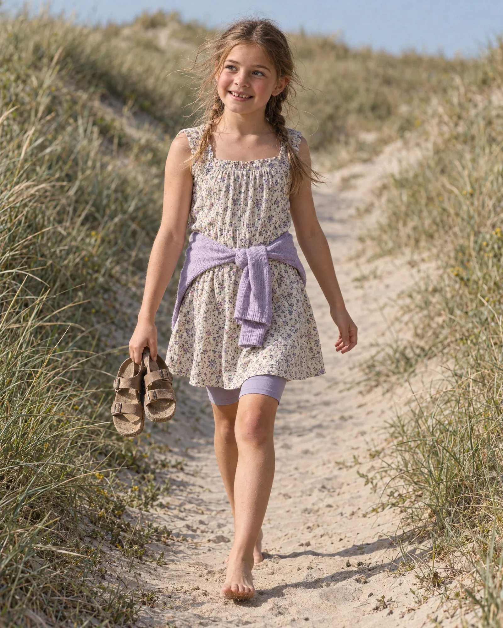 Lieke loopt op blote voeten over een duinpad, sandalen in de hand