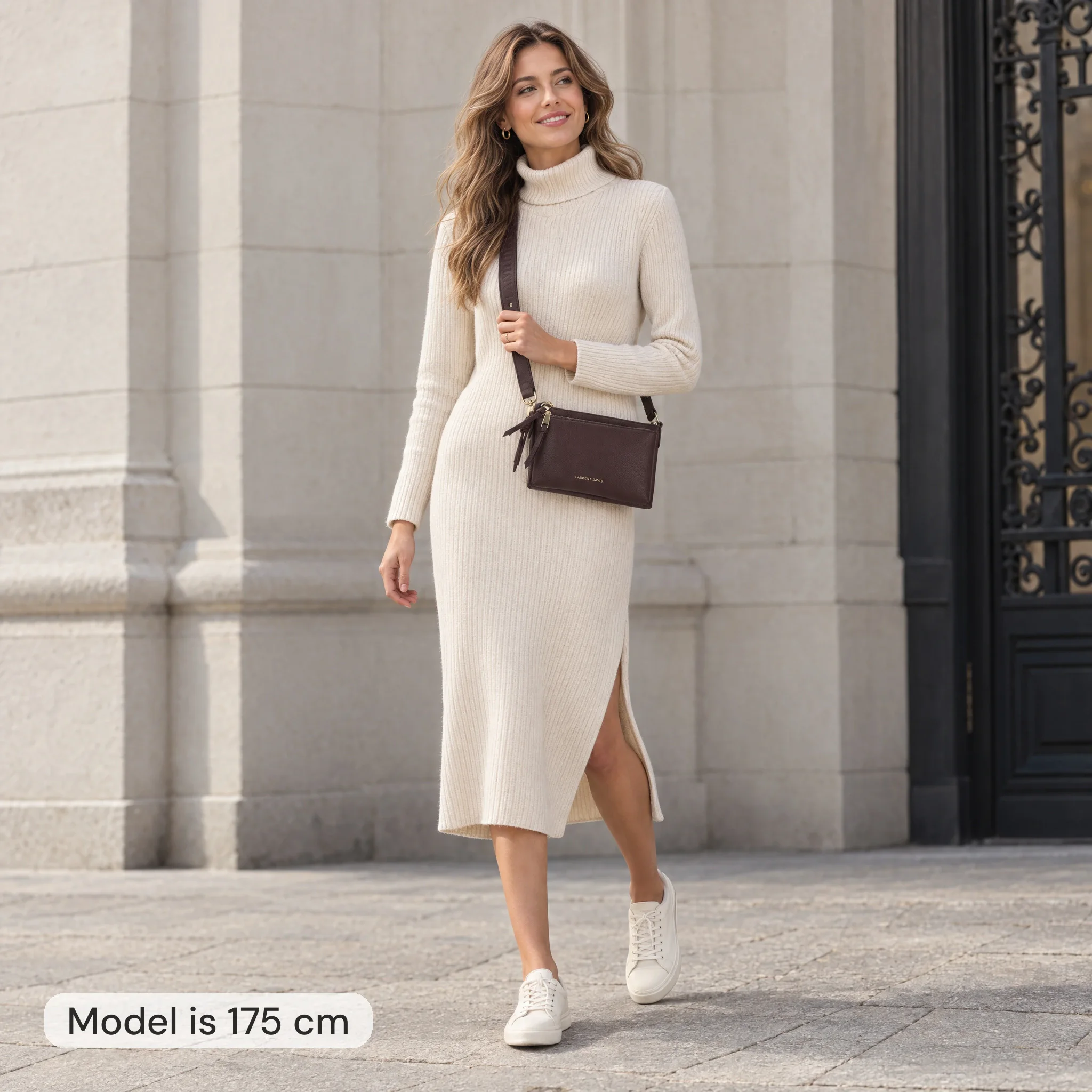 AI-modelbeeld: vrouw van 175 cm met een donkerrode Laurent David-crossbody van 24 cm breed
