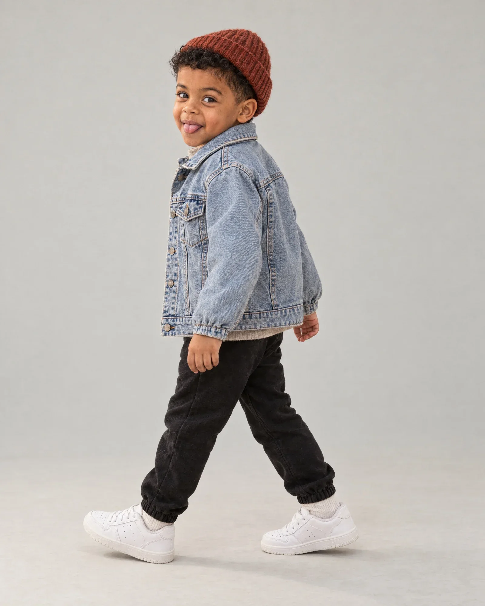 Sem in dezelfde look in de studio, lopend