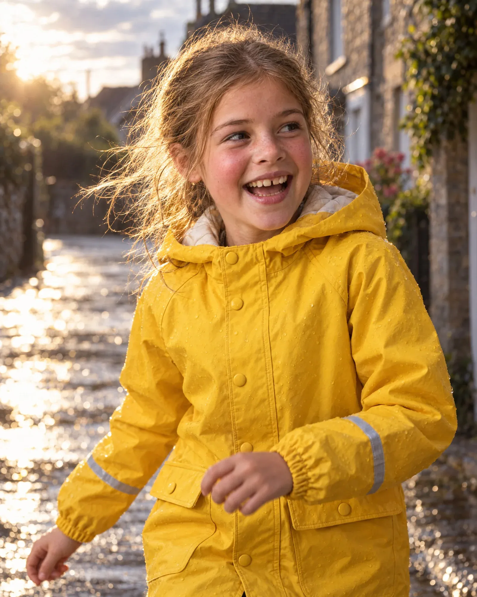 Lieke lacht, van dichtbij, in dezelfde gele regenjas