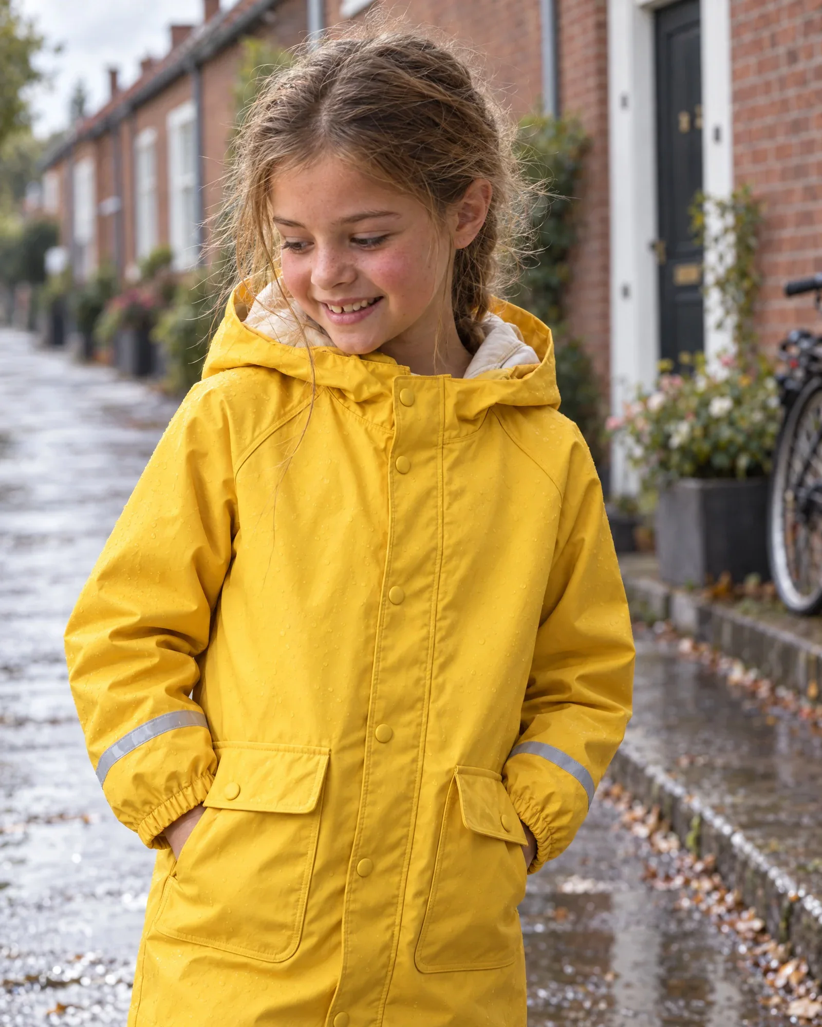 Lieke lacht, van dichtbij, in dezelfde gele regenjas