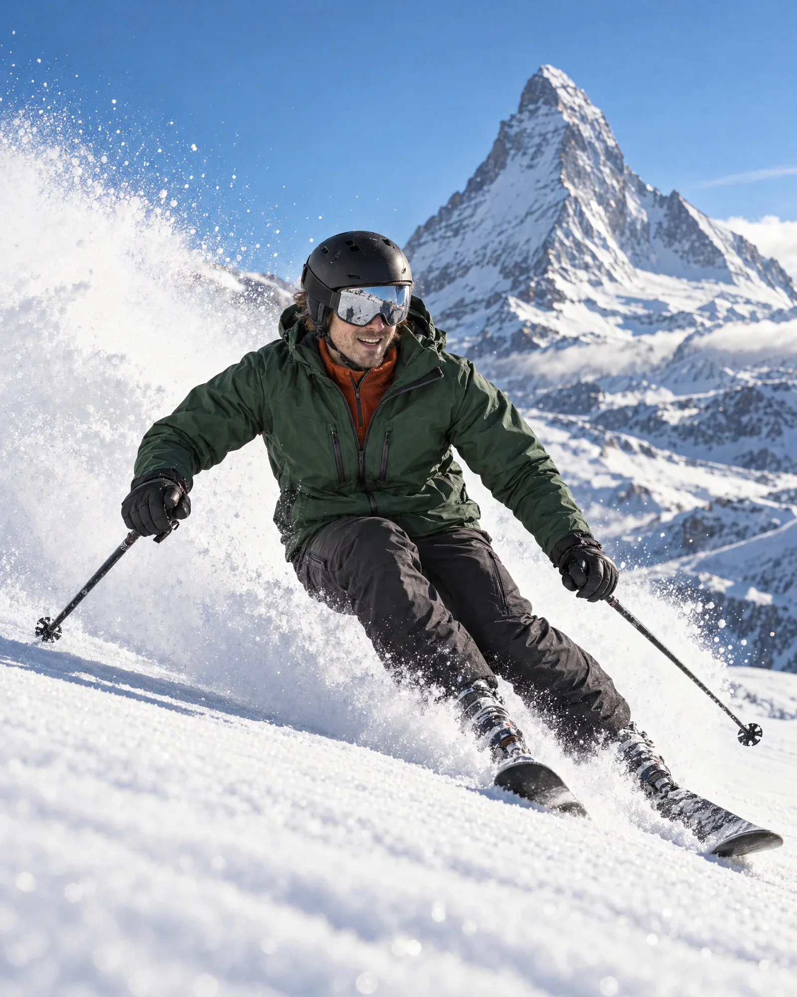Daan carvet met skibril door verse poedersneeuw onder de Matterhorn