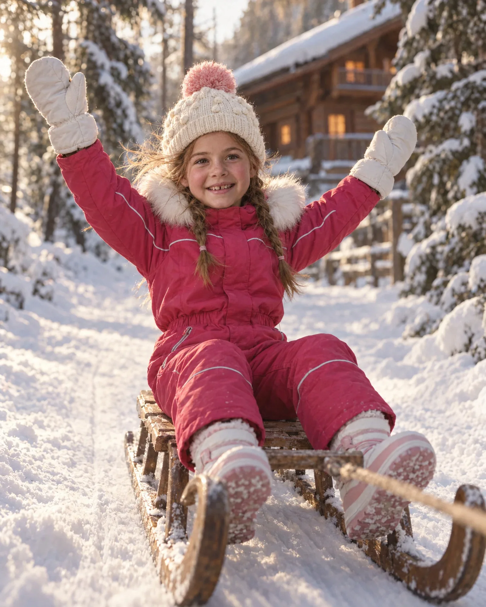 Lieke op een houten slee door een besneeuwd dennenbos