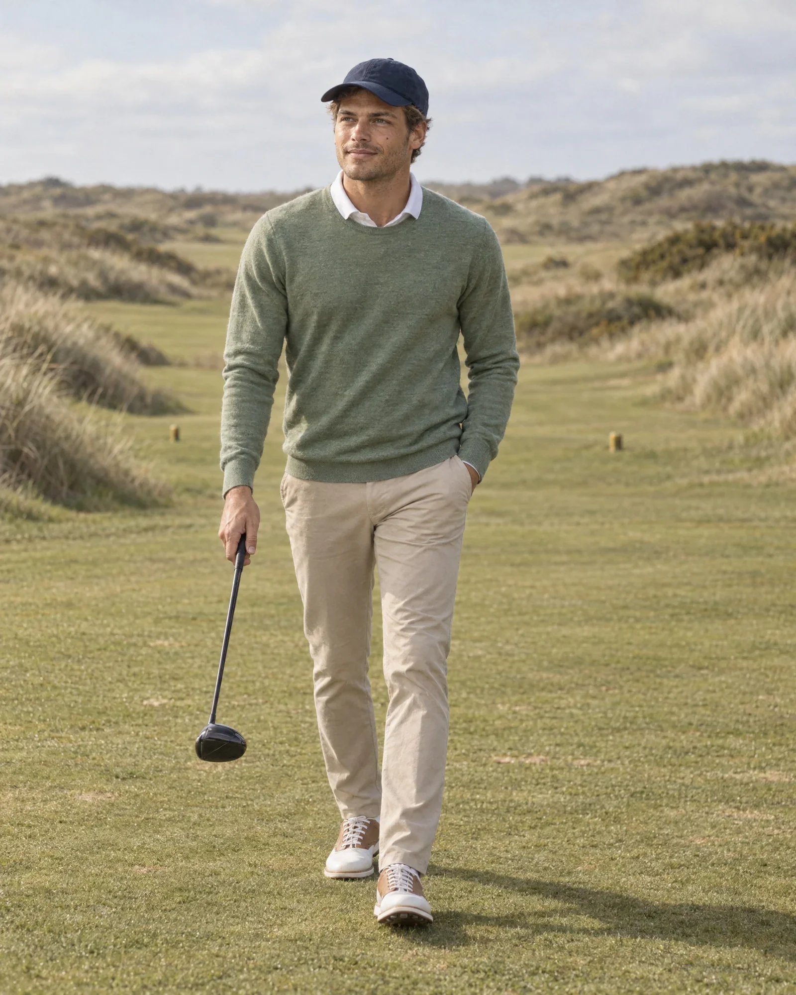 Thijs loopt na zijn afslag over de fairway tussen de duinen, driver in de hand