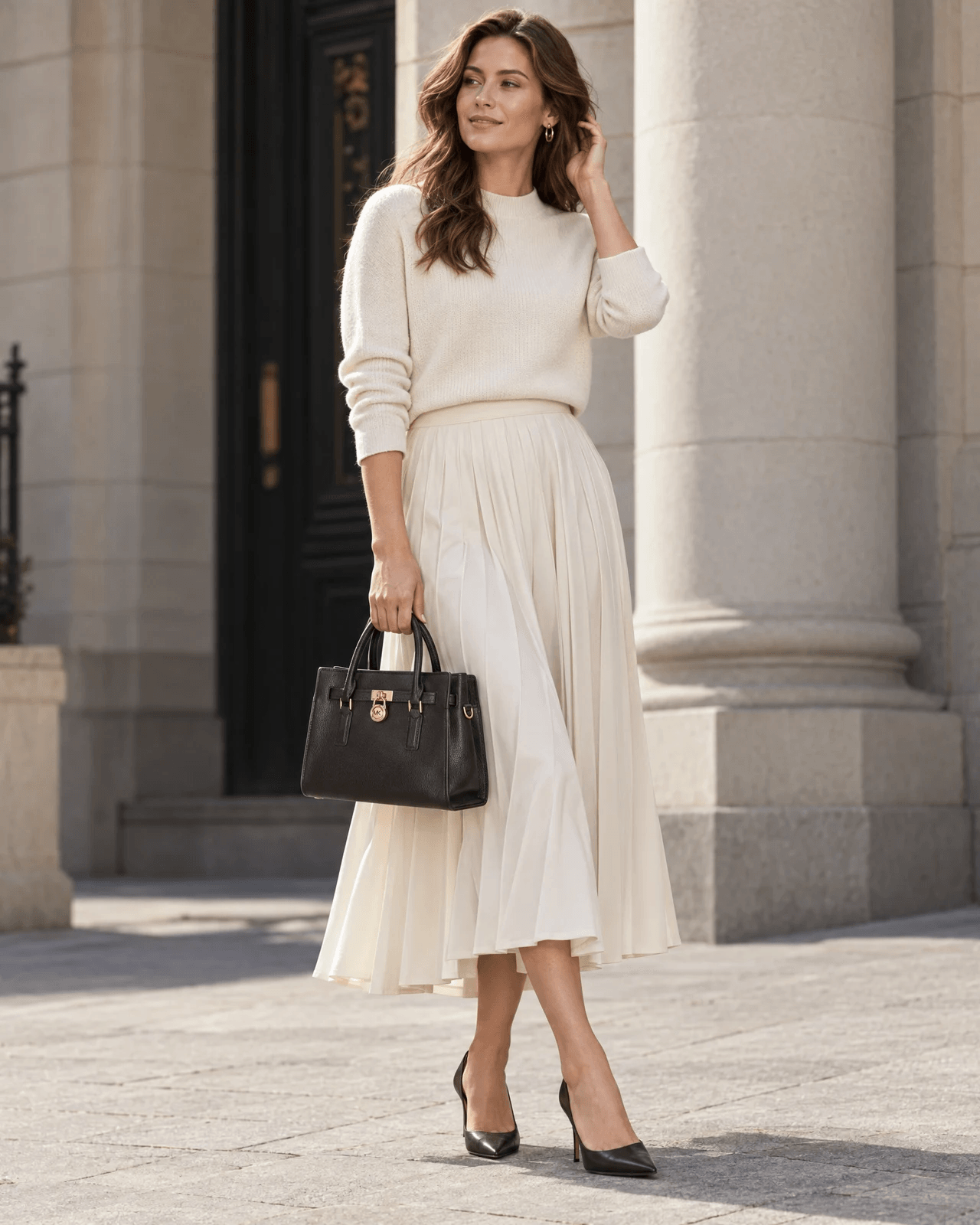 Recent AI-modelbeeld van een vrouw met een zwarte Michael Kors-handtas op ware schaal