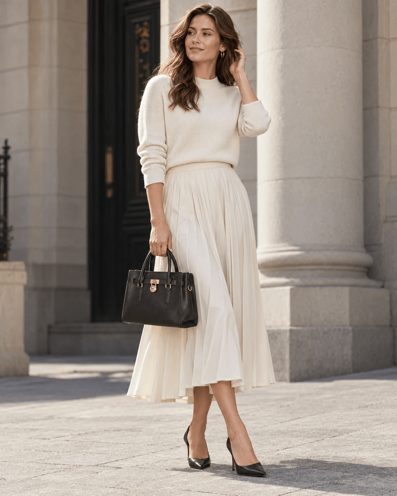 Recent AI-modelbeeld van een vrouw met een zwarte Michael Kors-handtas op ware schaal