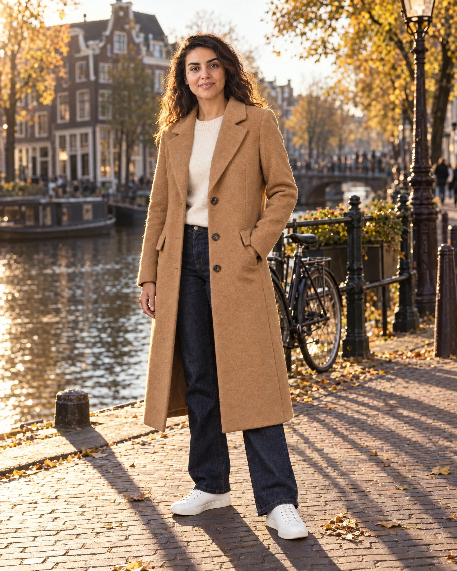 Hetzelfde AI-huismodel in dezelfde jas aan een Amsterdamse gracht