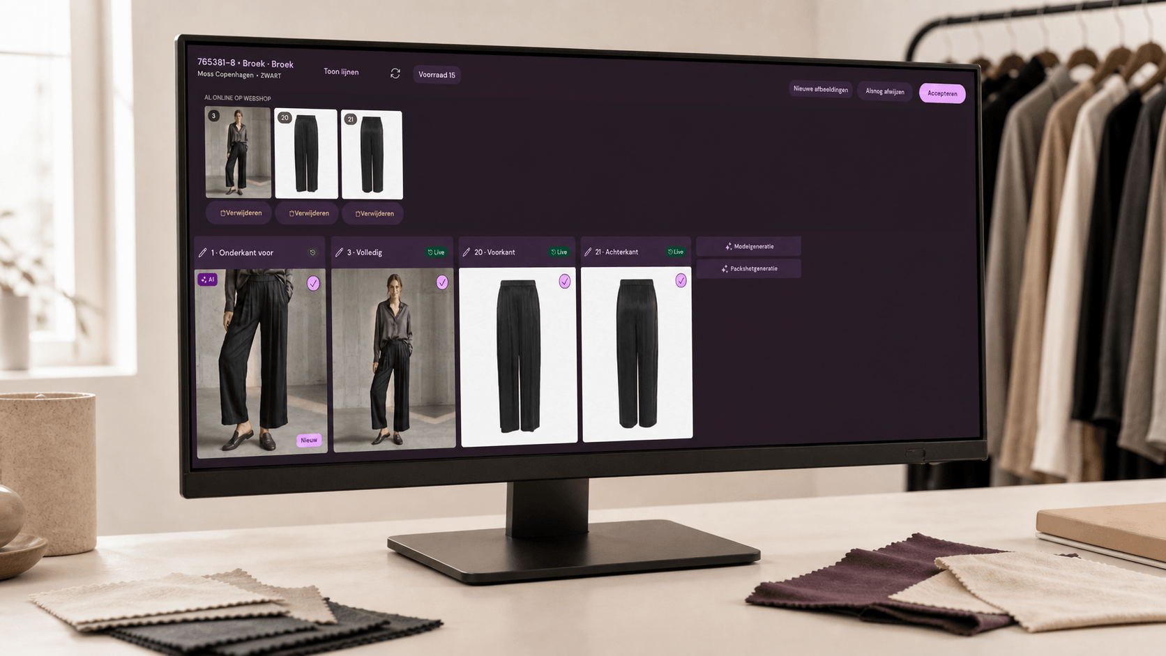 Photopilot-beeldreview op een studiobeeldscherm met modelbeeld en automatisch gemaakte packshots