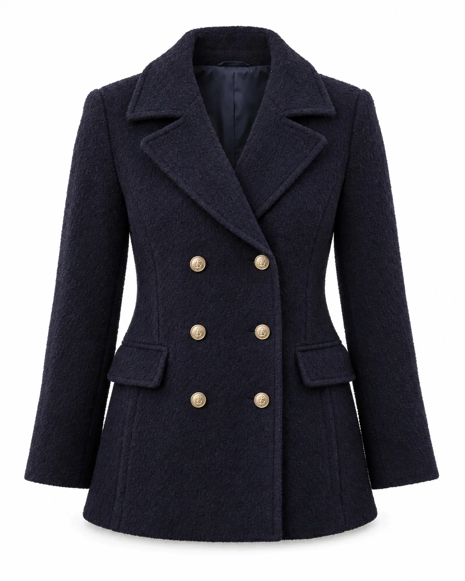 Donkerblauwe double-breasted wollen peacoat met goudkleurige ankerknopen, voorkant