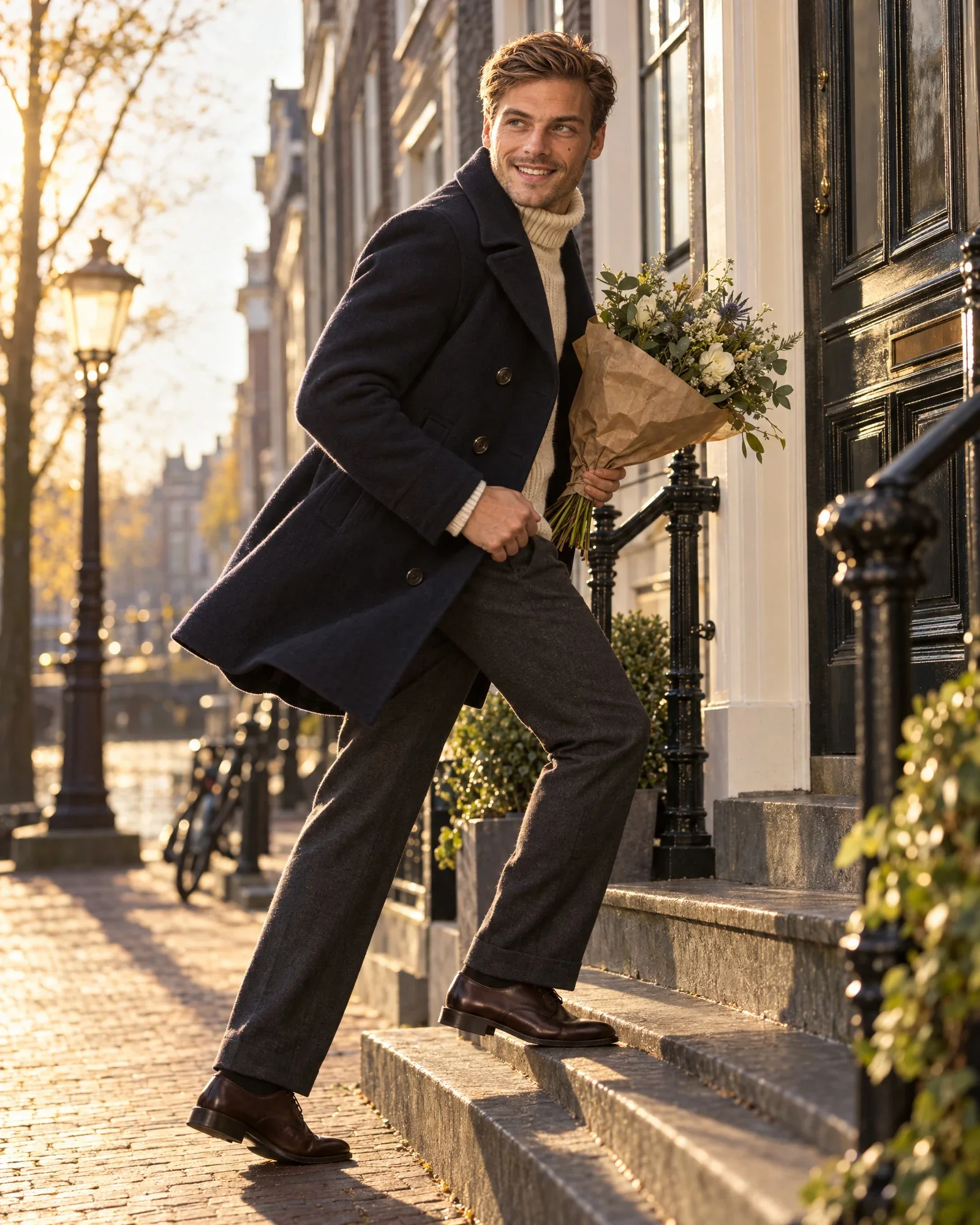 Thijs rent lachend met een bos bloemen de stoep van een Amsterdams grachtenpand op